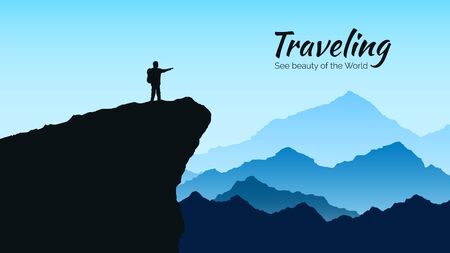 Mountains landscape in blue colors. Silhouette of man on rock on mountains background. Traveling and tourism concept. Vector illustrationのイラスト素材