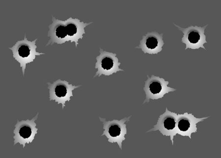 Bullet Holes Set. different damaged element from bullet on metallic surface. vector illustrationのイラスト素材