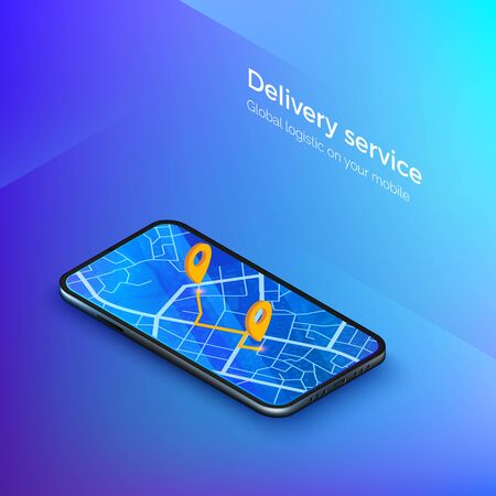 Delivery or taxi service isometric banner. Navigation or gps in mobile. Mobile app cab or shipping. City map on smartphone display with route. Vector illustrationのイラスト素材