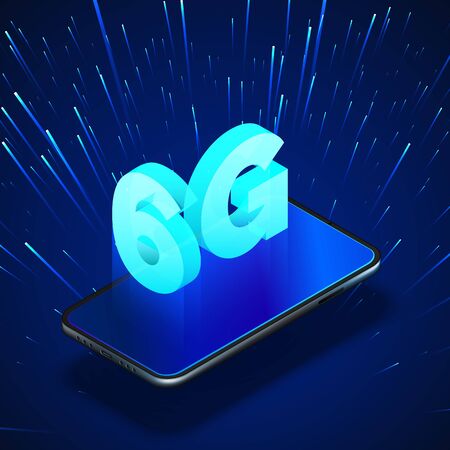 High speed 6G global mobile networks. Business isometric illustration smartphone with internet hologram and text 6g. Modern wireless technology.のイラスト素材