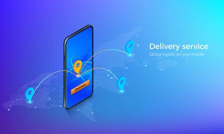 Interface of delivery service isometric banner. Mobile on global map with location pins and routes. gps or navigation on mobile app. Vector illustrationのイラスト素材