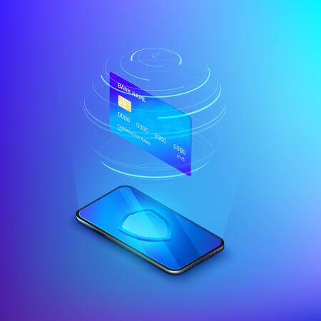 Banking online service. Money transfer or internet shopping concept. Credit card above mobile phone with shield on screen. Security and protection online payment. Vector isometric bannerのイラスト素材