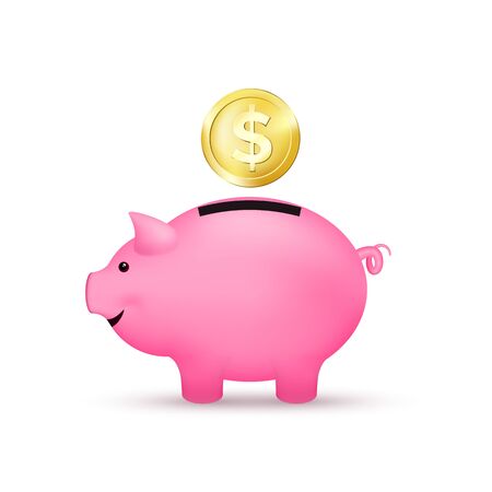 Pink piggy bank and falling golden coin. Saving money concept. Vector illustrationのイラスト素材