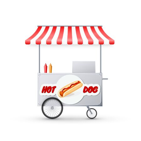 Hot Dog Cart with awning. Mobile street fast food market. Shop on wheels. Vector illustrationのイラスト素材