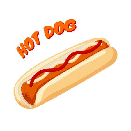 Hot Dog with bread sausage ketchup and mustard. Fast food banner. Vector illustration isolated on whiteのイラスト素材