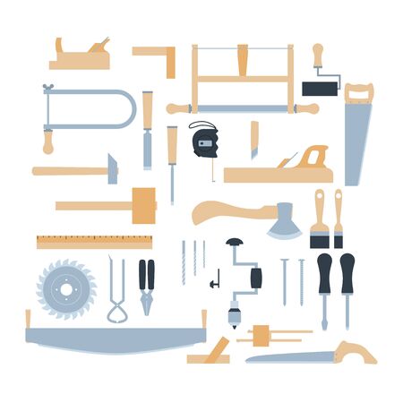 Woodwork tool kit. Set of hand carpentry equipment in flat style. Vector illustration isolated on white backgroundのイラスト素材