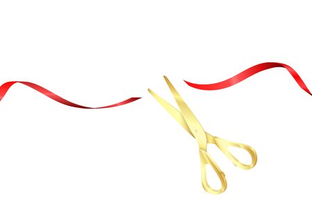 Grand opening ceremony. Golden scissors cut red silk ribbon. Start celebration. Vector realistic illustration isolated on whiteのイラスト素材
