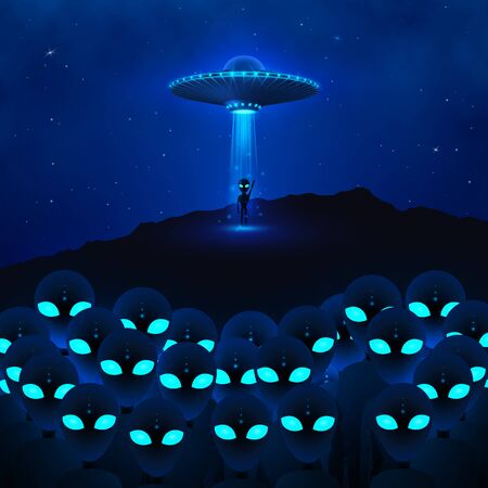 UFO with ray of light fly in night sky and group angry aliens with green eyes. alien invasion. Sci-fi concept. Vector illustrationのイラスト素材