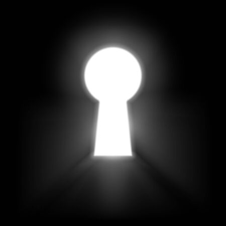 Keyhole illuminated rays of light isolated on black background. White keyhole symbol of hope or success. Vector のイラスト素材
