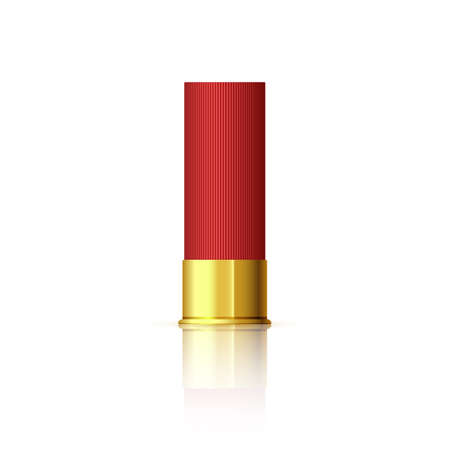 Explosive cartridge for shotgun. Red realistic cartridge with reflection isolated on white.のイラスト素材