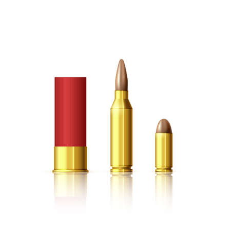 Different types of cartridges. Realistic bullet and cartridge. Illustration isolated on white