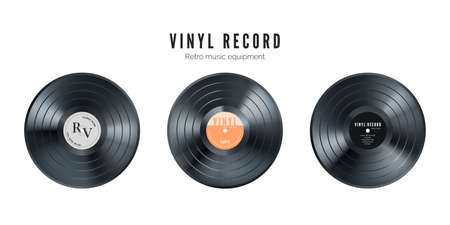 Vinyl music record set. Retro audio disk. Realistic vintage gramophone disc with cover mockup. Vector illustrationのイラスト素材
