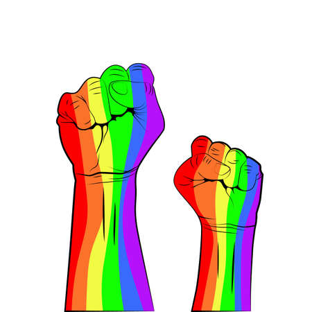 Gay Pride. LGBT concept. Rainbow colored hand with fist raised up isolated on white background. Vectorのイラスト素材