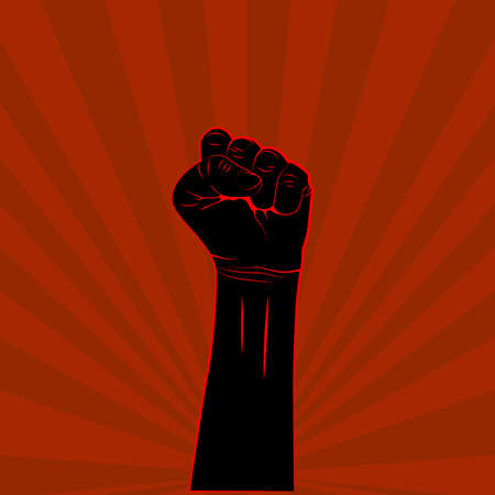 Black hand with fist raised up on red background protest or revolution poster. Vectorのイラスト素材