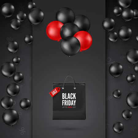 Black Friday Poster with Discount Offer. Black and red balloons with shopping bag. Web banner design. Vectorのイラスト素材