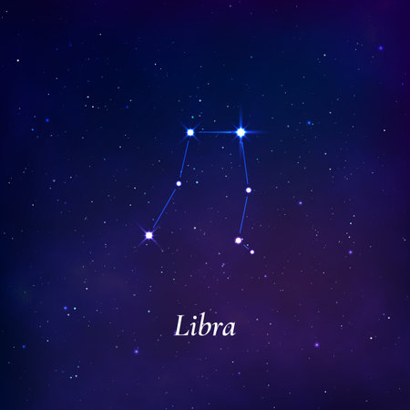 Libra sign. Stars map of zodiac constellation on dark blue background. Vectorのイラスト素材
