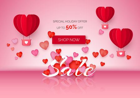 Valentines day Sale poster with holiday discount offer. Valentine Day banner with red and pink hearts and air balloons. February store promo. Vector illustrationのイラスト素材