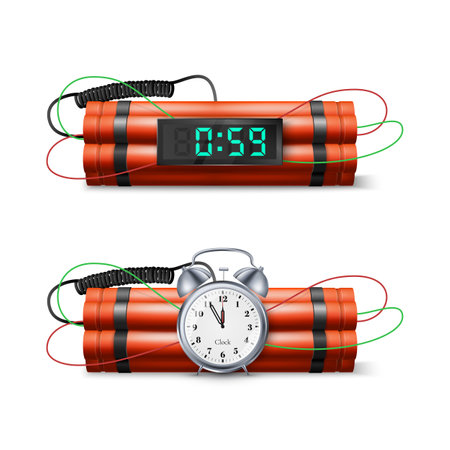 Dynamite Bomb with Countdown Clock and Digital Timer. Military Detonate Red Weapon. Vector illustrationのイラスト素材