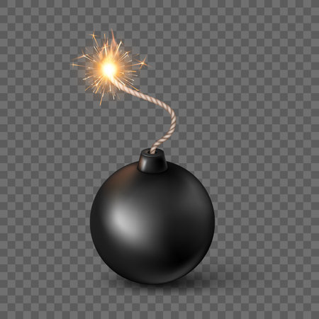 Black Sphere Bomb. Burning fuse black bomb in realistic style. Vector illustrationのイラスト素材