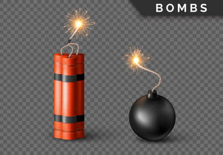 Dynamite Bomb with Burning Wick and black sphere bomb. Military Detonate Red Weapon. Vector illustrationのイラスト素材
