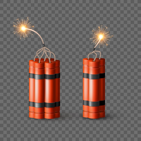 Red Dynamite Bomb with Burning Wick. Military Detonate Weapon. Isolated vectorのイラスト素材