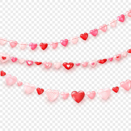 Garlands of hearts. Valentine's day or wedding day decoration elements. Vector isolated on transparent backgroundのイラスト素材