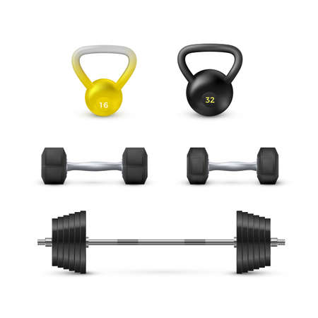 Set of dumbbells barbells and weight. Fitness and bodybuilding equipment. Vector elementrs isolated on white backgroundのイラスト素材