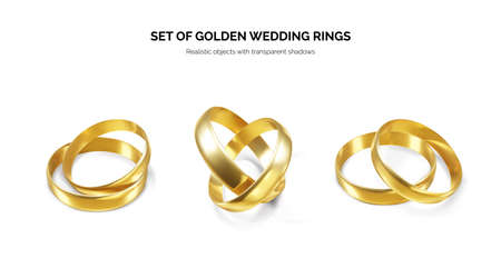 Set of golden wedding rings. Couple shiny realistic gold rings. Vector illustrationのイラスト素材