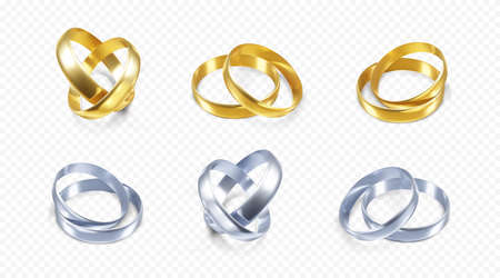 Set of silver and golden wedding rings. Realistic render of platinum and gold rings. Vectorのイラスト素材