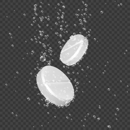 Couple dissolving medicine pills. Effervescent soluble tablet pills. Tablets dissolve in water leaving a bubble trail. Vectorのイラスト素材