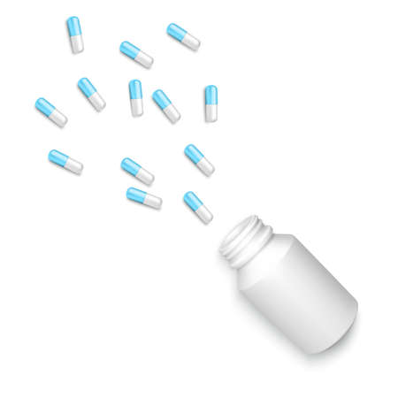 Realistic bottle with scattered tablets. White and blue drug capsules isolated on white background. Healthcare and medicine object for banner or poster. Vectorのイラスト素材