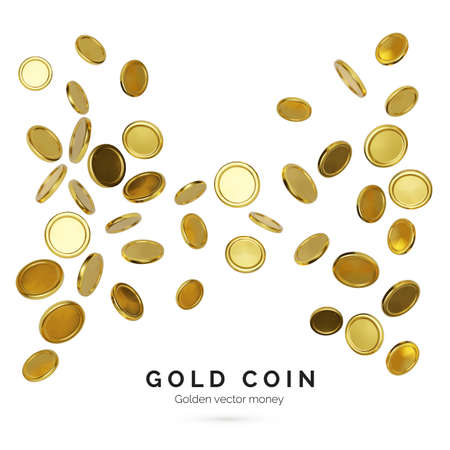 Realistic gold coins on white background. Jackpot or casino poker win element. Cash treasure concept. Falling or flying money. Vector illustrationのイラスト素材