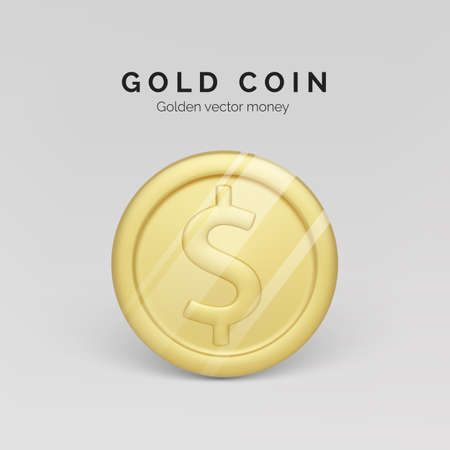 Golden coin front view. Realistic render of metallic coin. Finance and money. Vector illustrationのイラスト素材