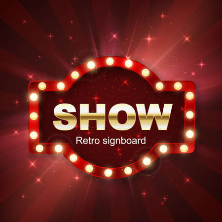 Jackpot casino winner. Show banner retro signboard on red background with light. Vector illustrationのイラスト素材