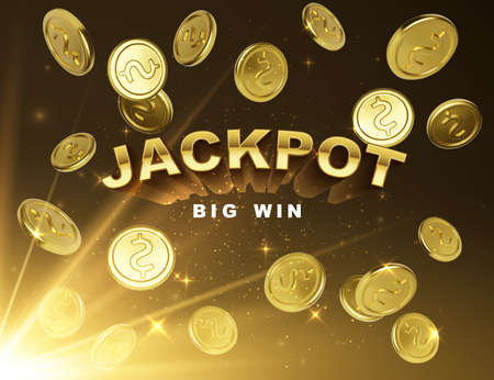Jackpot casino winner. Big win banner with falling golden coins on dark background with light rays....