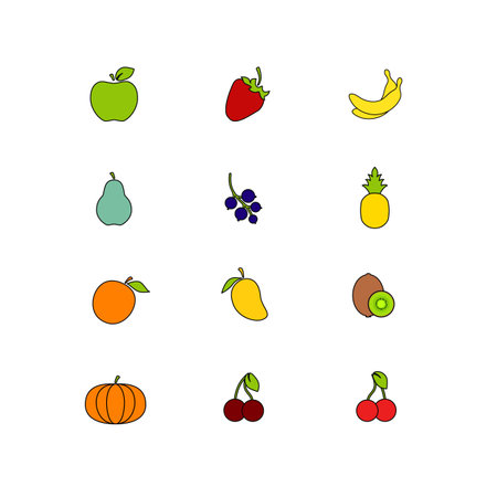 Set of fruit. Healthy food collection. Flat style with stroke illustration. Icons of different fruit and berries. Vector isoloted on white backgroundのイラスト素材