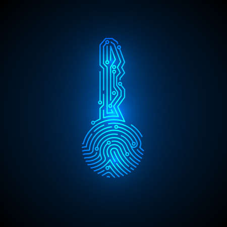 Fingerprint in key shape with circuit background. Cyber security id concept. Security cryptocurrency technology. Authorization futuristic system. Vector illustrationのイラスト素材