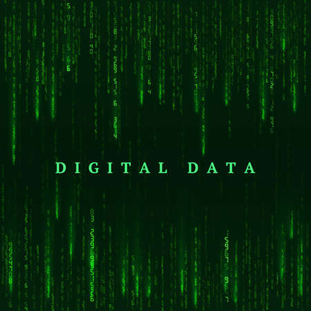 Background in a matrix style. Digital virtual reality visualization. Green random numbers. Sci fi or futuristic backdrop. Encoded data. Vector illustrationのイラスト素材