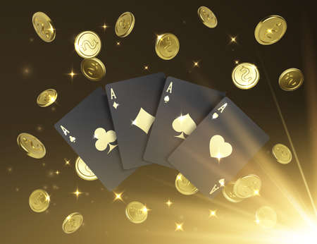Quads or four of a kind by ace. Four black poker cards with gold label and falling golden coin on...