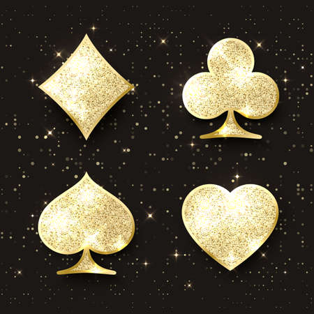 Diamond poker cards suit. Four casino playing card golden glitter symbols. Design element. Vector illustrationのイラスト素材
