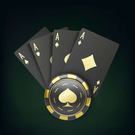 Four black poker cards with gold suit and casino chip. Quads and gambling chip. Casino banner or poster in royal style. Vector illustrationのイラスト素材
