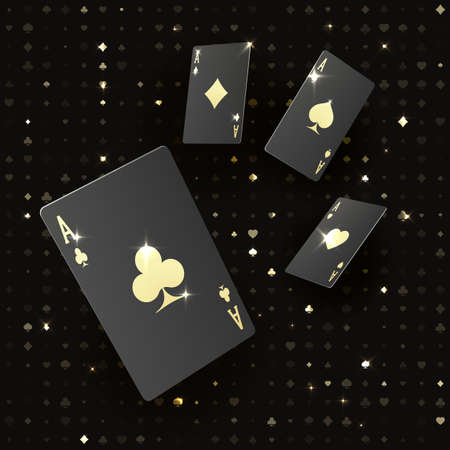 Four black poker cards with gold suit. Quads or four of a kind by ace. Casino banner or poster in royal style. Vector illustrationのイラスト素材