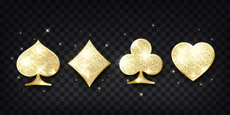 Poker cards suit. Four casino playing card golden glitter symbols. Design element. Vector illustrationのイラスト素材