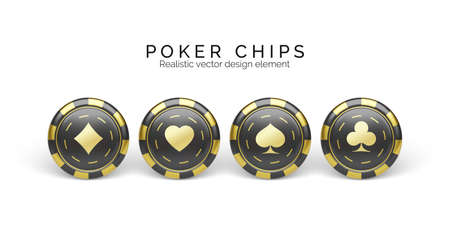 Black and golden casino chips isolated on white. Gambling chips with palying card suit symbol. Vector illustrationのイラスト素材