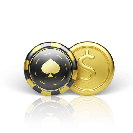 Golden coin and casino chip. Realistic gambling chip gold coin. Game money. Vector illustration isolated on white backgroundのイラスト素材