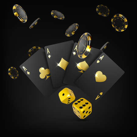 Gold dices black playing cards four aces and falling poker chips. Casino big win poster. 3d design element for gambling banner. Vector illustrationのイラスト素材
