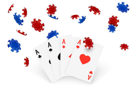Casino banner or 3d design element. Fallinf poker chips and playing cards. Vector illustration...