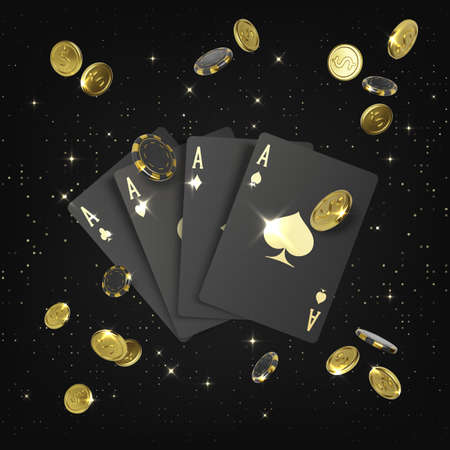 Casino big win poster. Black 3d playing cards aces and falling golden coin and poker chips. Design element for gambling banner. Vector illustrationのイラスト素材