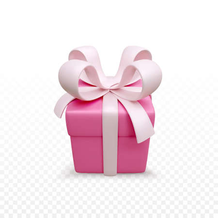 Gift box isolated on transparent background. 3d render holiday closed surprise box with pink ribbon. Red present box. Vector illustrationのイラスト素材