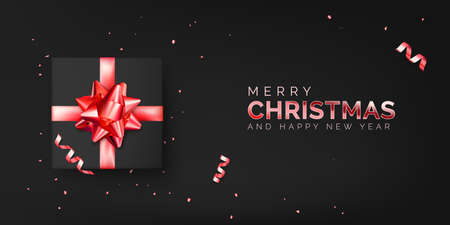 Holiday sale banner with black gift box with red ribbon and bow. Luxury Christmas poster. 3d boxes with gold ribbon and bow. Vector illustrationのイラスト素材